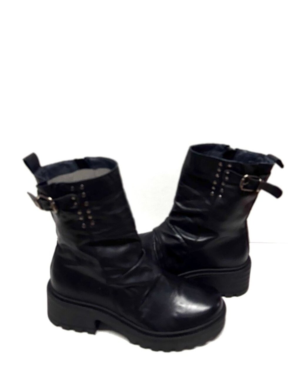 MIZ MOOZ SOFT LEATHER BOOTS BUCKLE SIDE ZIP 37EU BLACK / 7US NEW # B-63
